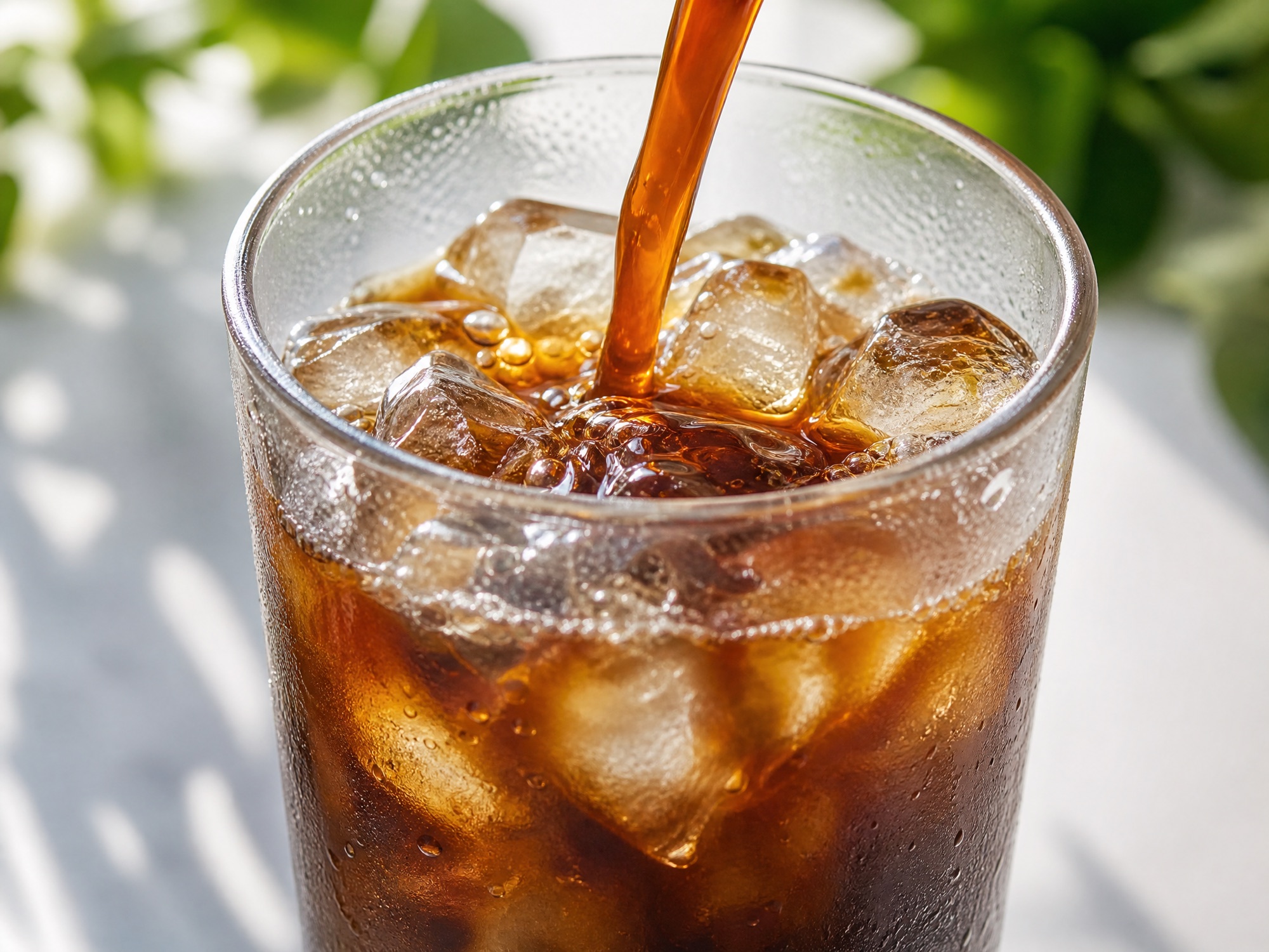 Iced cold brew coffee poured over ice in a tall glass