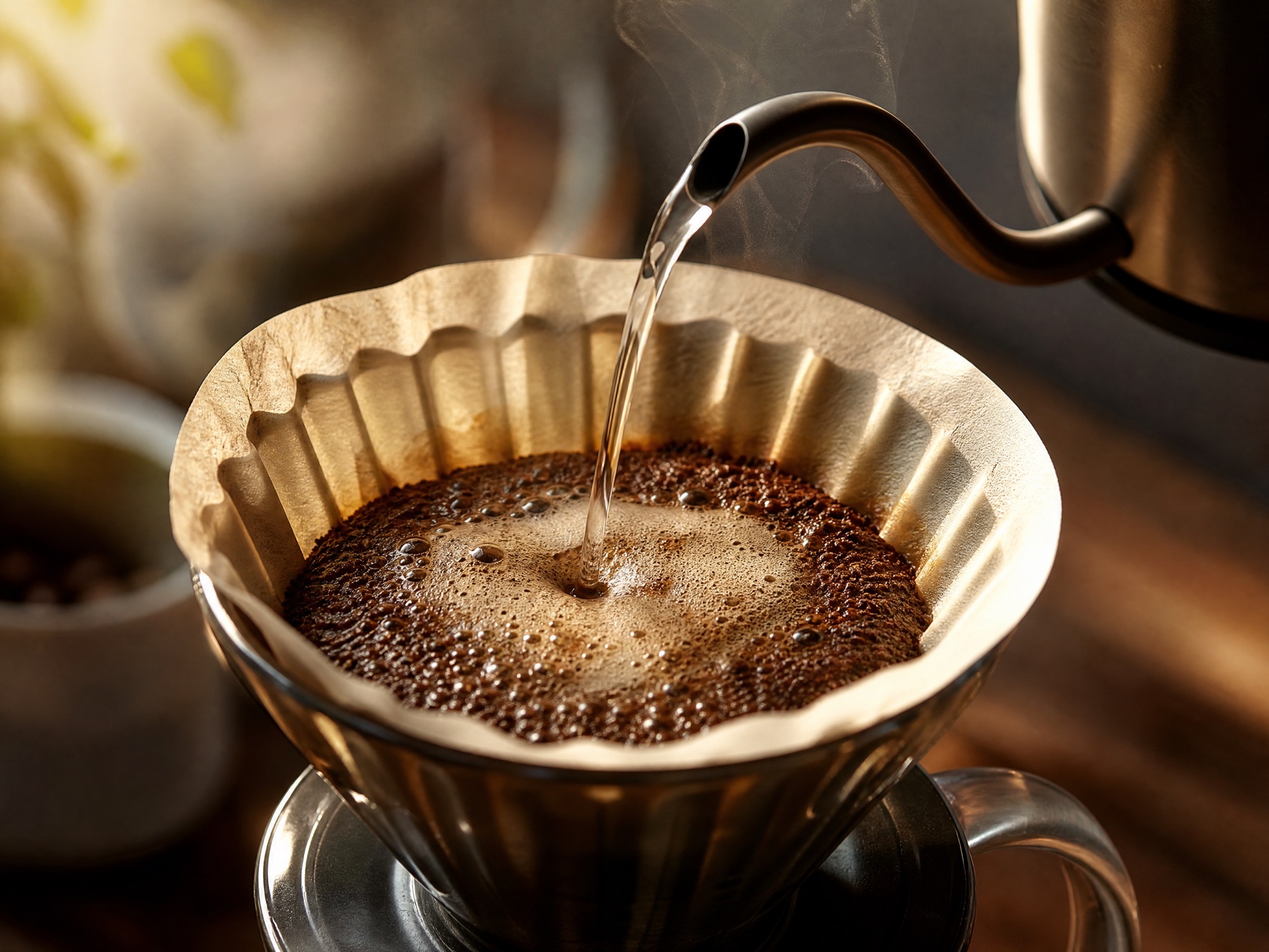 Water poured from a gooseneck kettle blooming over fresh coffee grounds