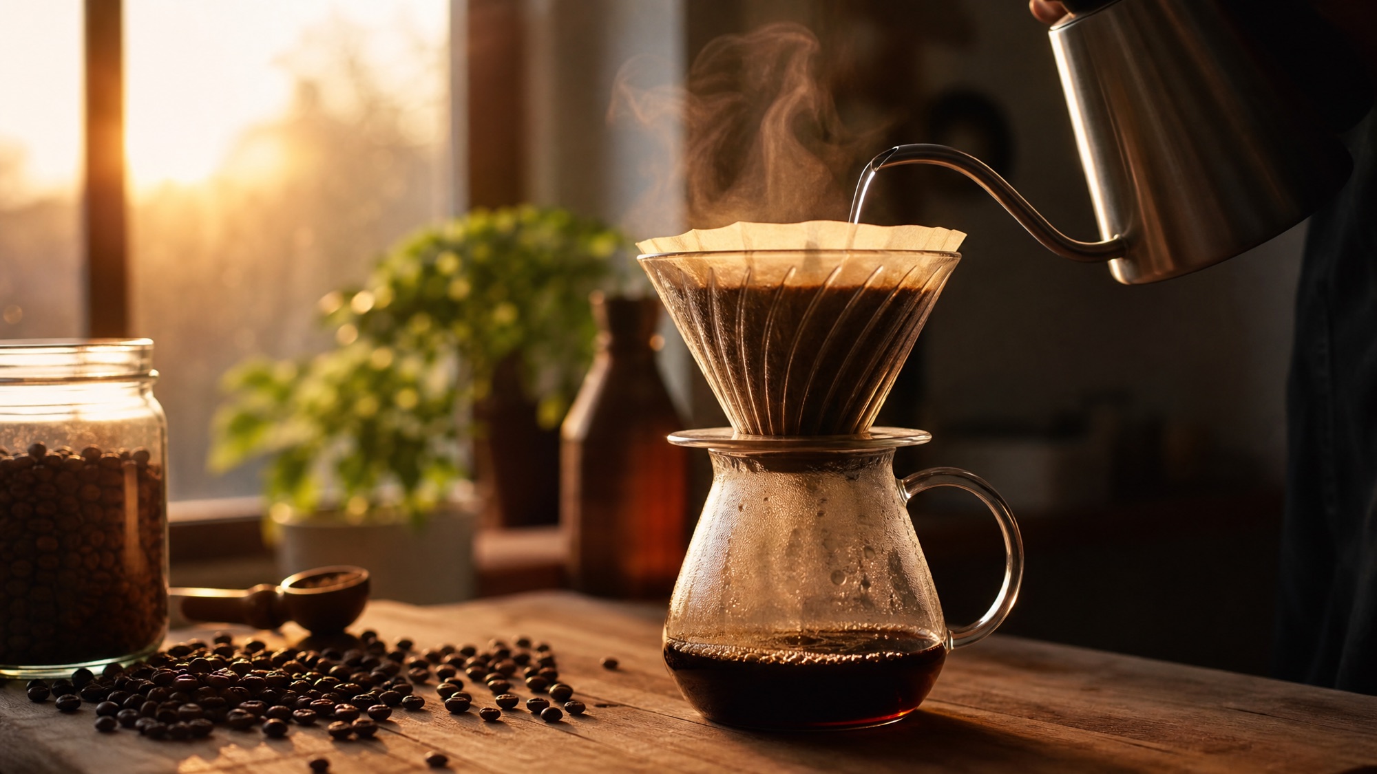 Morning pour-over brewing into a glass carafe with scattered roasted coffee beans in warm sunrise light