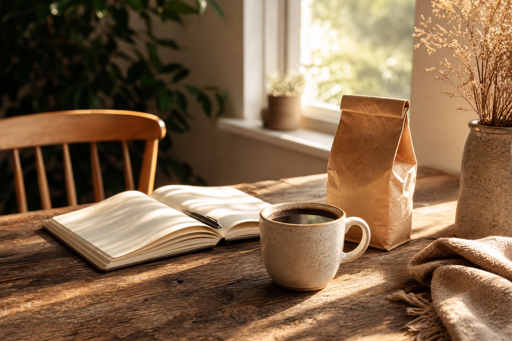 A calm morning coffee ritual with a full cup and notebook by a sunlit window